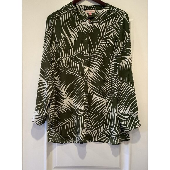 English Laundry Button Top Size Lrg Roll-Tab Sleeve Coastal Palm Print NEW $78 - Picture 1 of 7